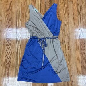 London Times Sleeveless Purple and Tan V-Neck A-Line Dress
